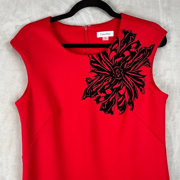 Calvin Klein Dress Womens 10 Red Black Floral Velvet Scuba Mini Office Party - Picture 3 of 13